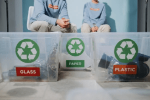 glass, paper, plastic bins
