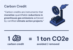 One metric ton of carbon dioxide is equivalent to one carbon credit.