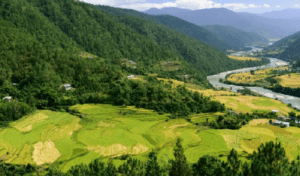 a picturesque landscape with greenery, lakes, and hills