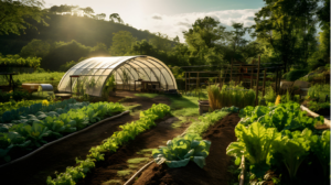 Organic gardening with a greenhouse and a variety of vegetables thriving in the sunlight.