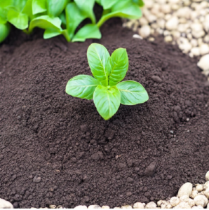 A small green plant emerges from a rich brown dirt bed