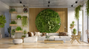 A bright living room adorned with lush plants and elegant furniture, enhances the space's comfort