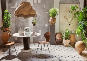 sustainable interior design done for a dining room with wooden and earthen items and small greenery