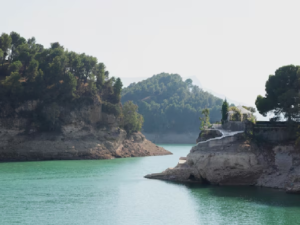 A serene lake features a small island at its center, surrounded by calm waters and lush greenery.