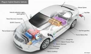 A plug-in hybrid electric vehicle featuring labeled parts, providing a clear overview of its components