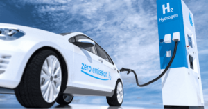 A modern hydrogen electric vehicle symbolizes the automotive industry's shift towards sustainable transport.