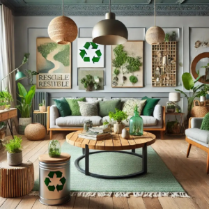 A living room with vibrant green plants promoting eco-friendly living.