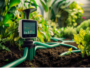 A garden setting with a visible water meter and a hose,