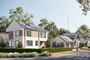  A depiction of a green house with solar panels on the roof 