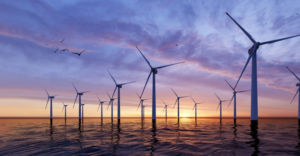 Off-shore wind farm with a group of wind turbines 